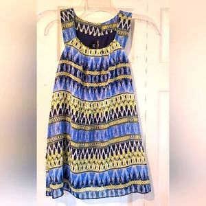 BCX Sleeveless Blouse Boho Western Aztec Design Keyhole Back Size S Blue Yellow